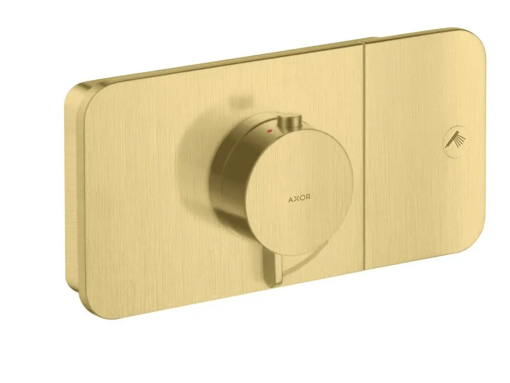 Thermostatmodul in brushed brass mit runder Steuerung und zwei Platten. Das Produkt ist von AXOR und dient zur effizienten Steuerung eines Verbrauchers.